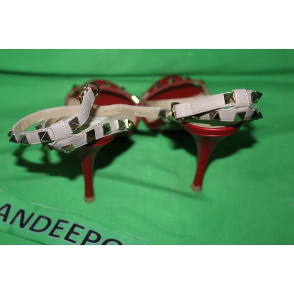 Valentino Garavani Gold Rockstud Red Calfskin Leather Sandal Heels Size 37 - Picture 5 of 11